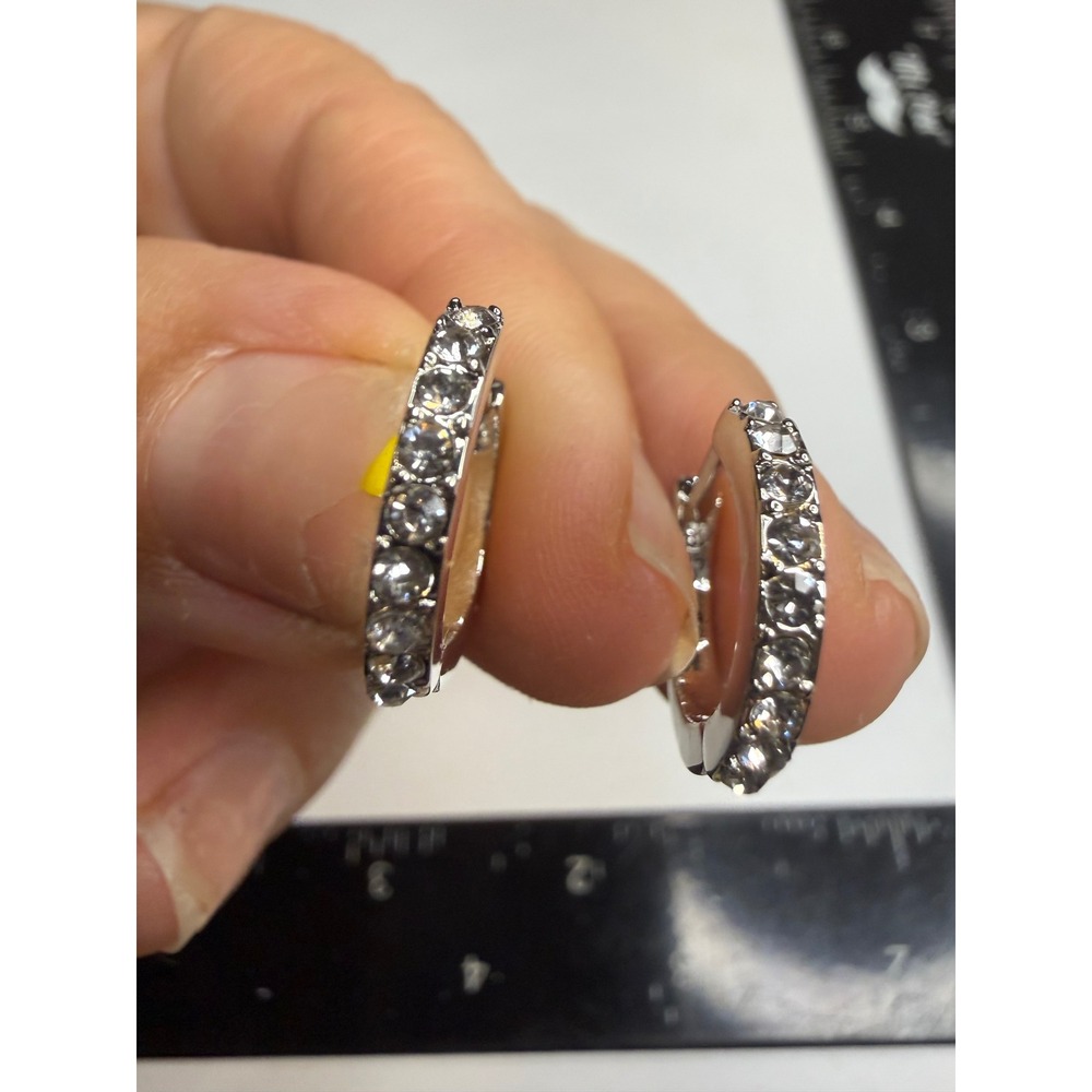 Silver Tone Crystal Huggie Hoop Earrings Hinged Small Clear Stone Hoops